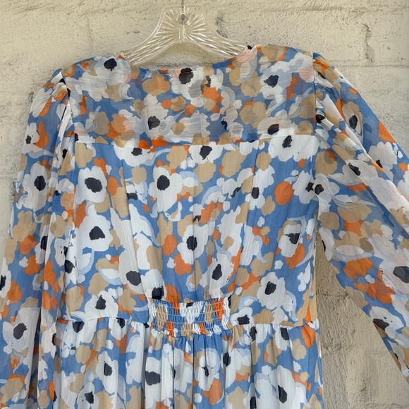 Joie Blue/Coral Floral Tiered Flowy Boho Prairie Dress W High-Low Hem Size XS - Picture 9 of 15